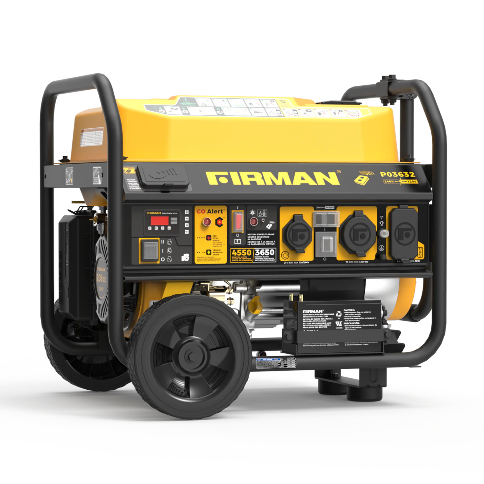 Firman Generator, 3650W/4550W, Gasoline, Remote Start, 120/240V, w/ Wheel Kit, CO from GME Supply